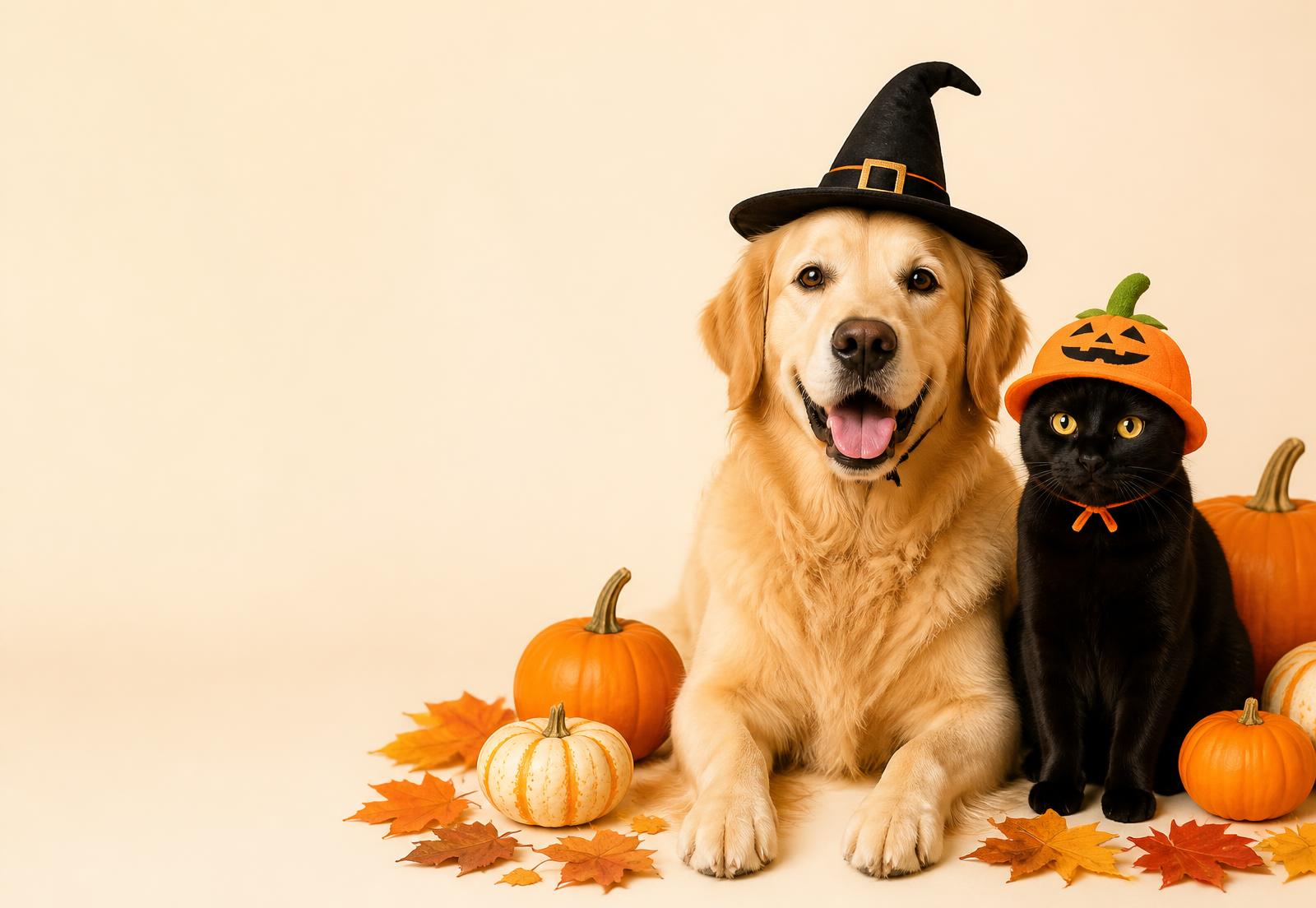 A golden retriever in a witch hat sitting beside a black cat in a pumpkin hat